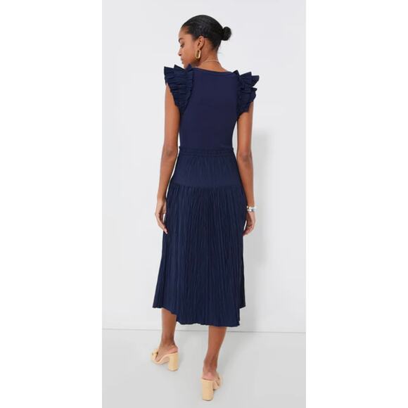 New Ulla Johnson Virginia Midi Dress Ruffle Shoulders Midnight Navy Blue 10 - Picture 4 of 14